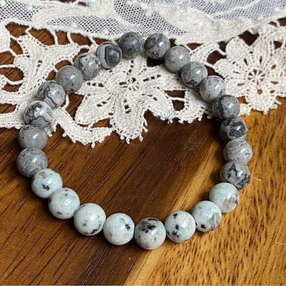 KIWI JASPER & MAP JASPER handmade crystal bracelet colorblock 7.5” 8mm beads - Picture 1 of 1